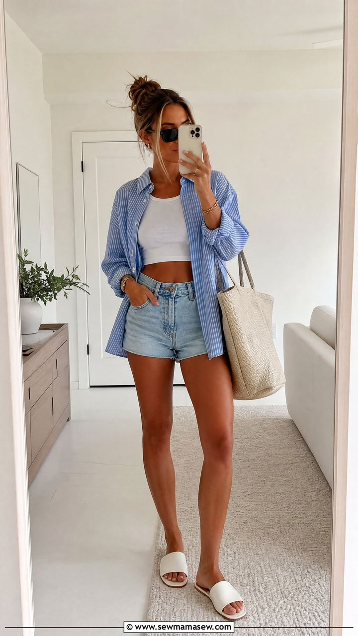 Crop Top With Relaxed Button Down Shirt - 20 effortless summer crop top outfit ideas