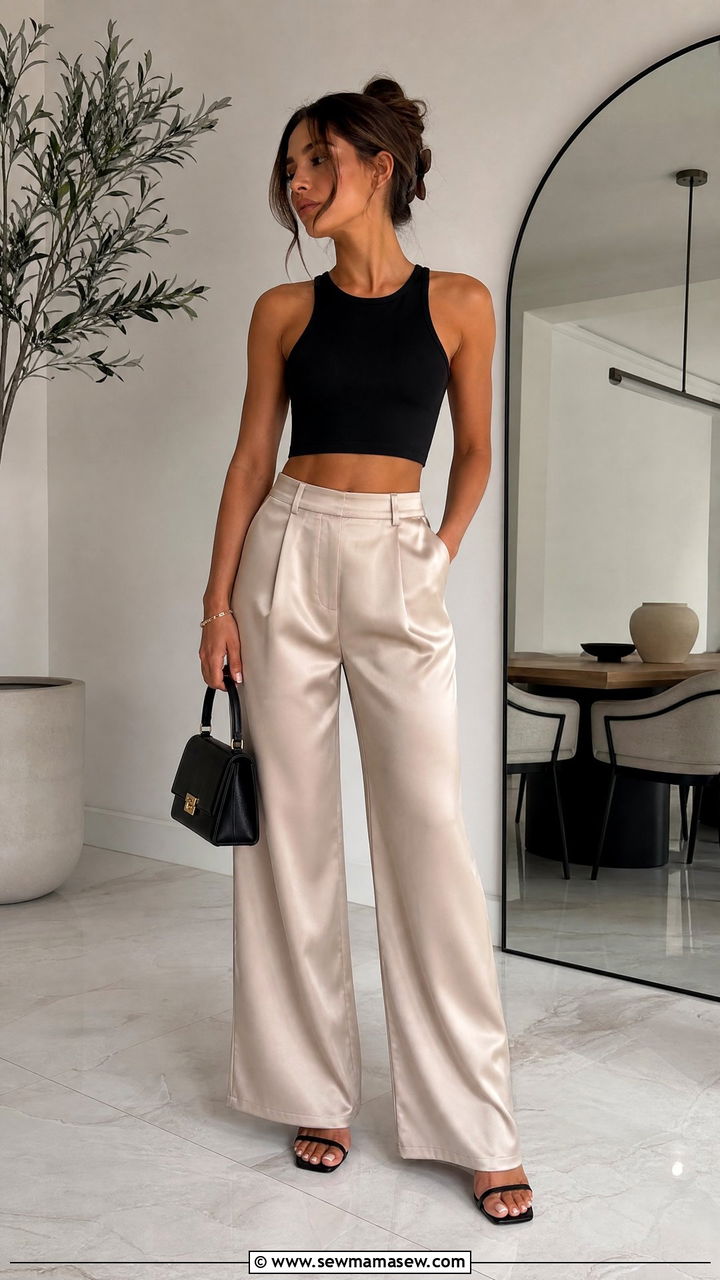 Crop Top With Satin Pants - 20 minimalist crop top outfit ideas