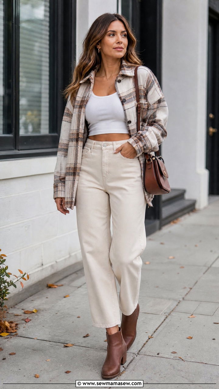 Crop Top With Shacket And Straight Leg Pants - 20 crop top outfits to hide tummy