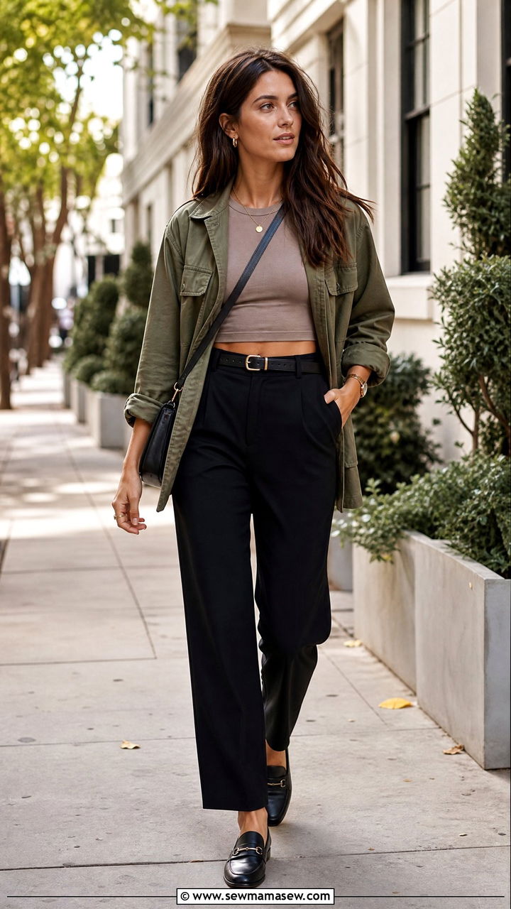 Crop Top With Utility Jacket And Black Trousers - 20 fall crop top outfits