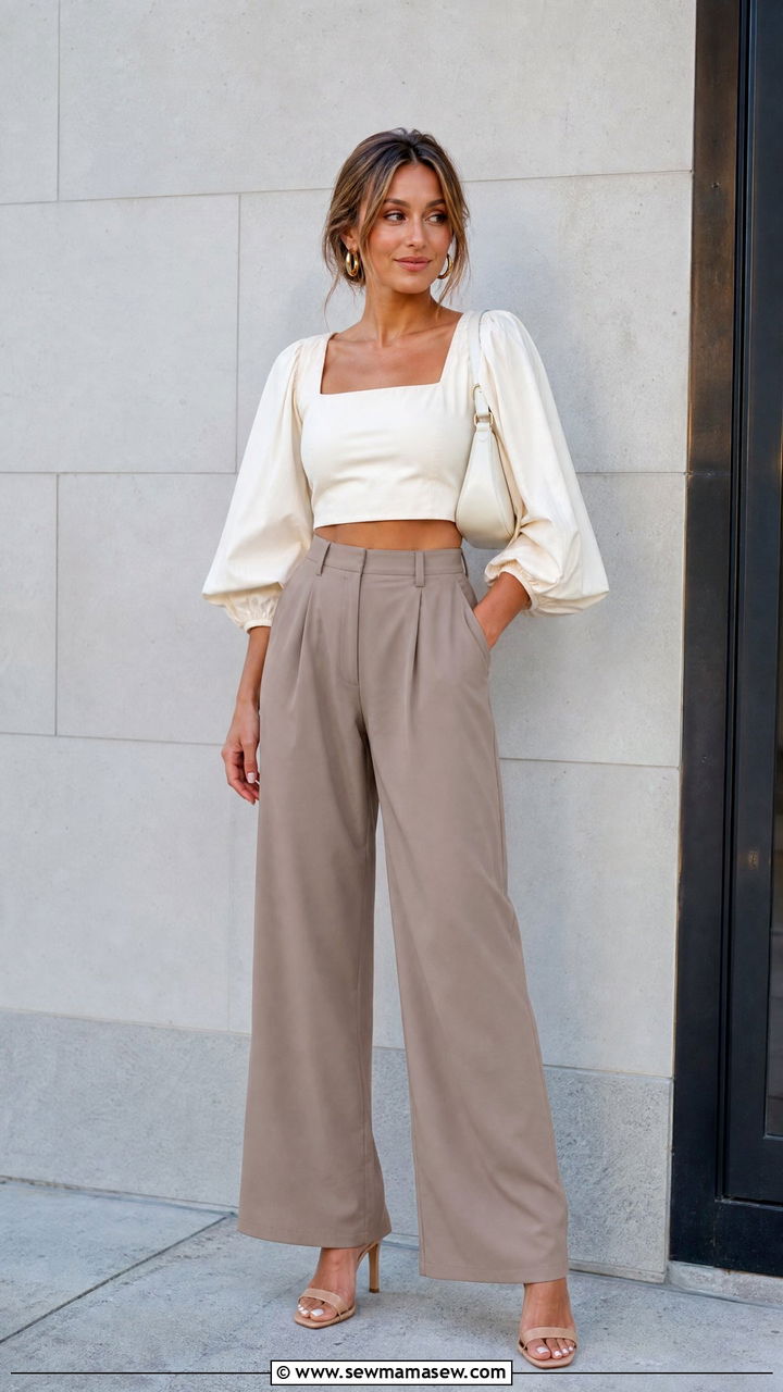 Cropped Balloon Sleeve Top With High Waisted Pants - 20 balloon sleeve top outfit ideas