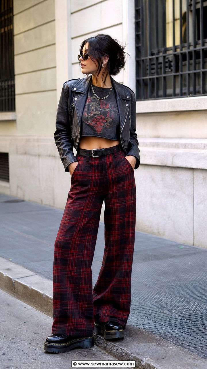 Cropped Band Tee And Plaid Pants Outfit - 20 edgy top outfit ideas