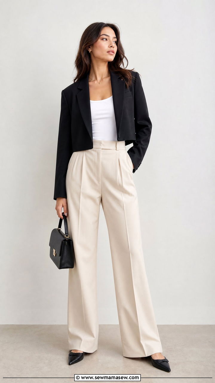 Cropped Blazer Top With High Waist Trousers - 20 blazer top outfit ideas