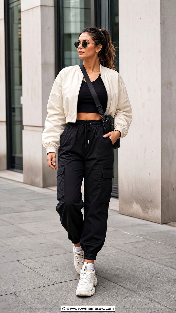 Cropped Bomber Jacket With Cargo Joggers Outfit - 20 crop top with cargo joggers outfit ideas