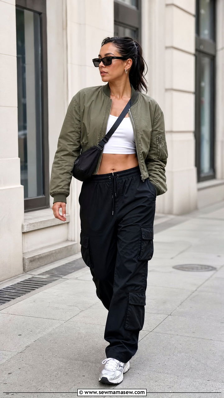 Cropped Bomber Jacket With Cargo Pants Outfit - 20 crop top with cargo pants outfit ideas