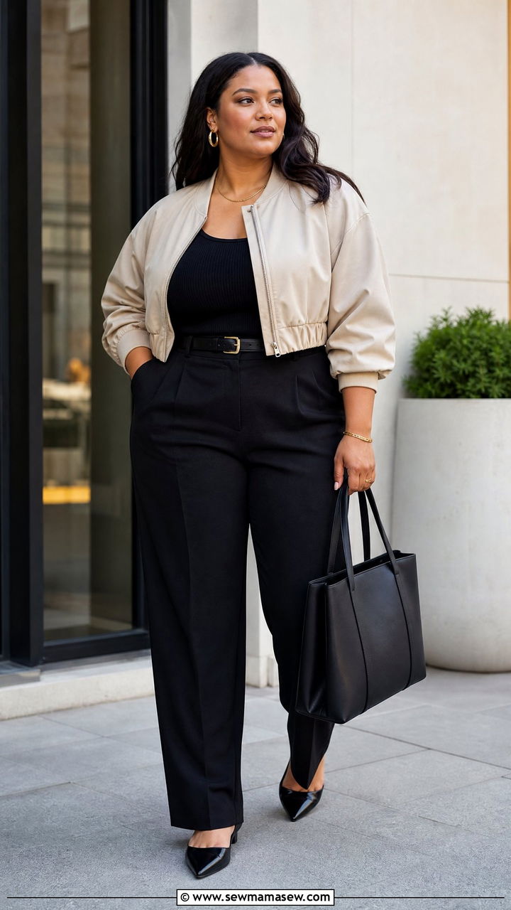 Cropped Bomber Jacket With High Waist Trousers - 20 plus size bomber jacket outfit ideas