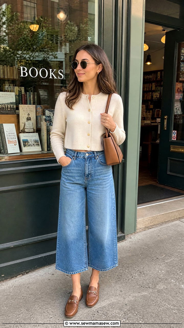 Cropped Cardigan Top With Denim Culottes And Loafers - 20 crop top with denim culottes outfit ideas