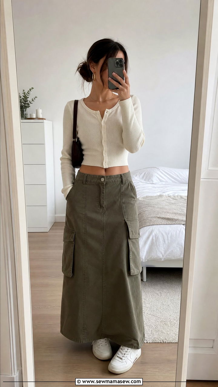 Cropped Cardigan With Cargo Maxi Skirt - 20 crop top with cargo maxi skirt outfit ideas