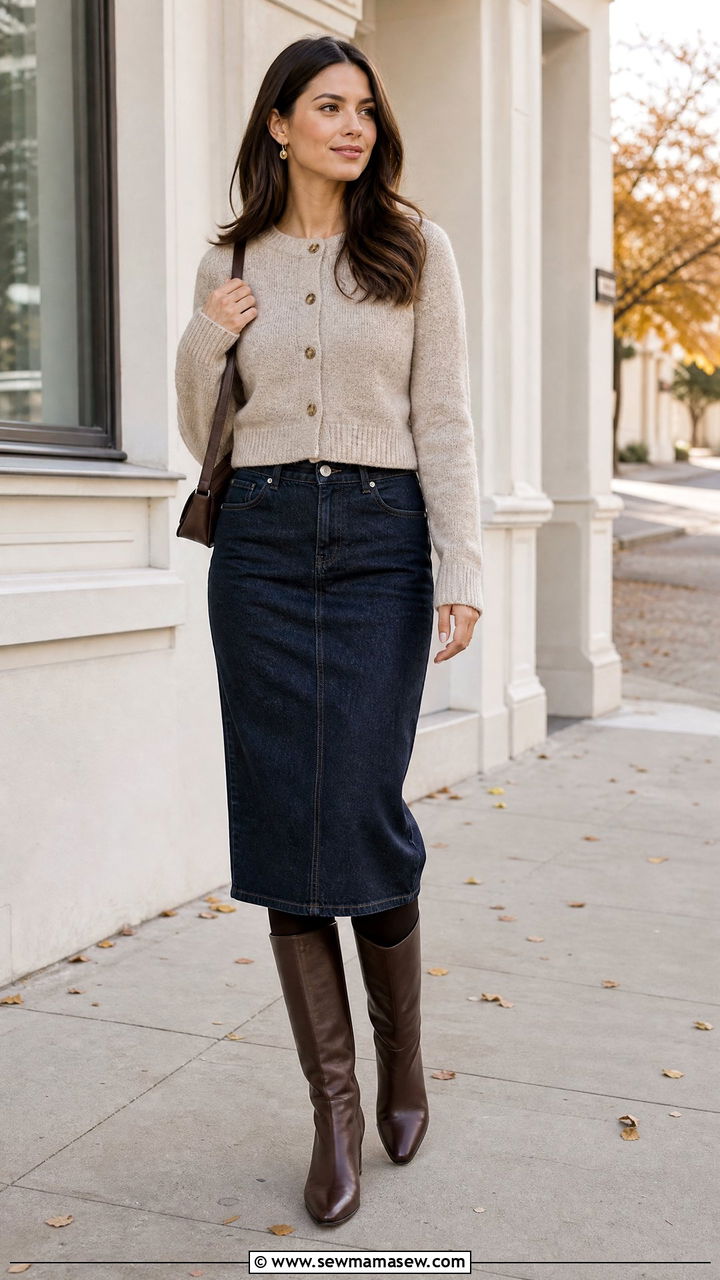 Cropped Cardigan With Denim Skirt - 20 cozy crop top outfits fall
