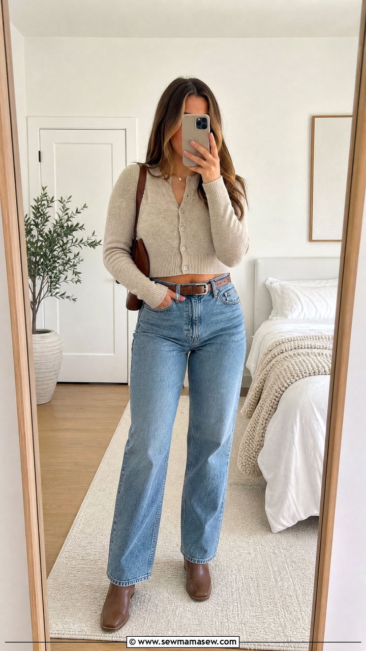 Cropped Cardigan With High Waisted Jeans And Boots - 20 crop top outfits with boots