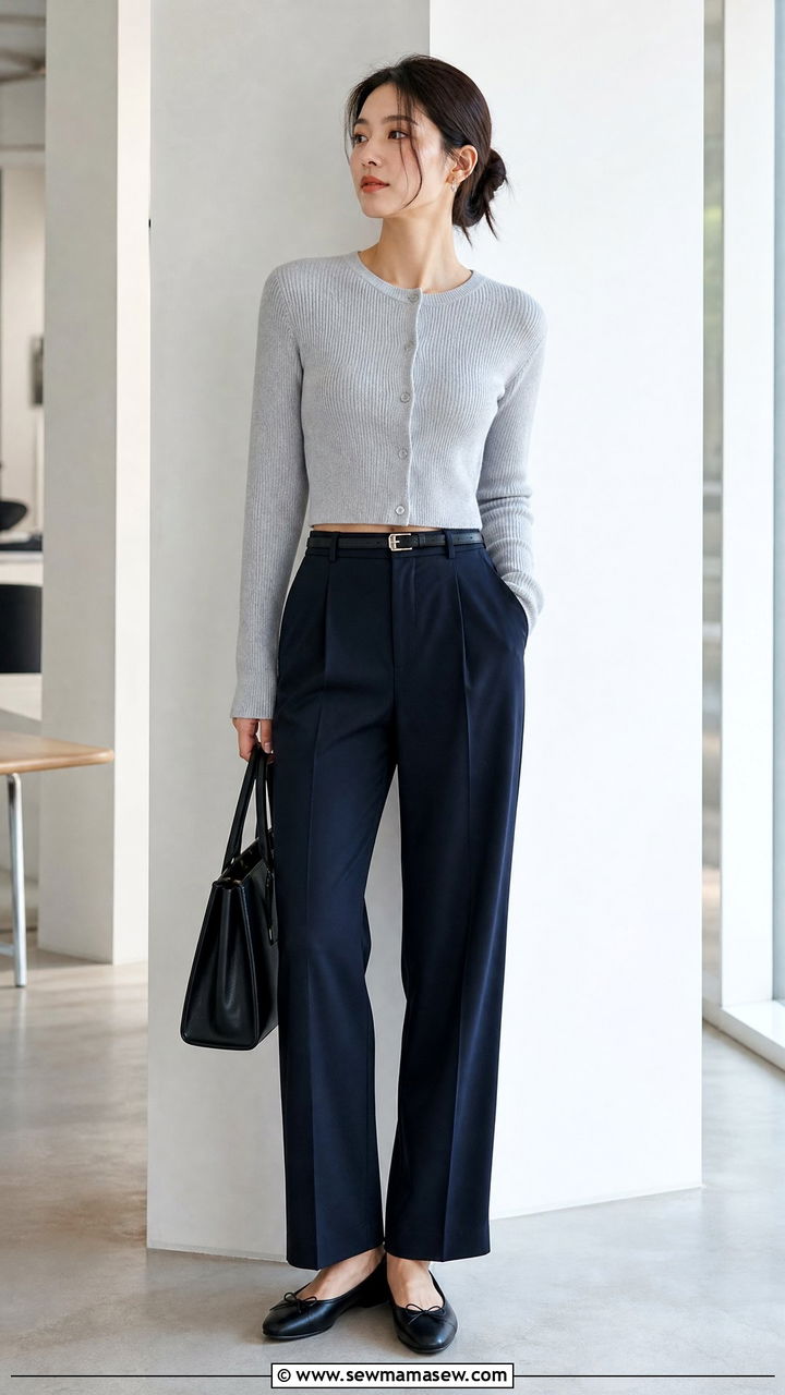Cropped Cardigan With High Waisted Trousers - 20 summer crop top outfit ideas for work