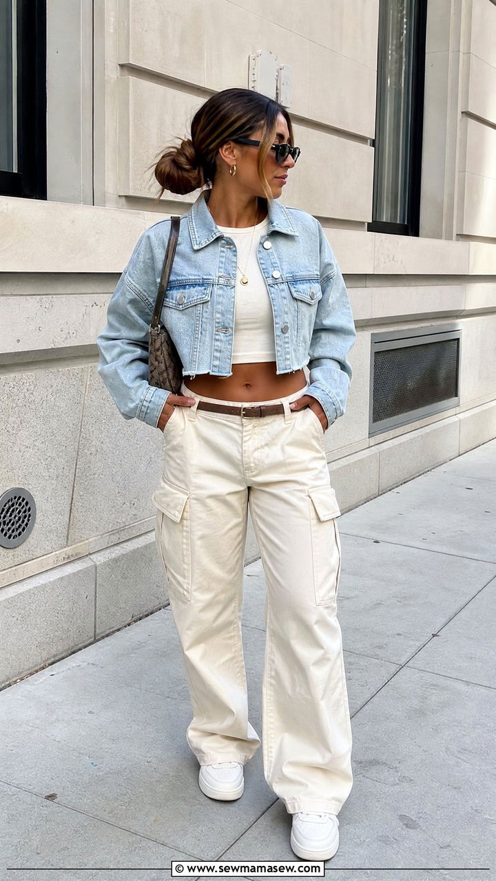 Cropped Denim Jacket Top With Baggy Cargo Pants - 20 crop top with baggy cargo pants outfit ideas