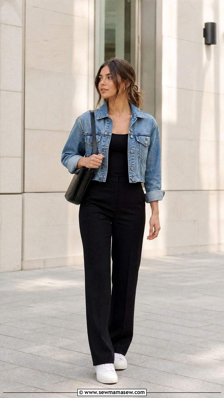 Cropped Denim Jacket With Black Column Outfit - 20 crop top outfits for apple shape