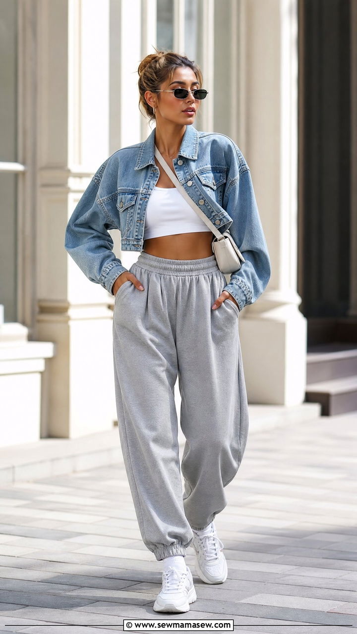 Cropped Denim Jacket With Crop Top And Track Pants - 20 crop top with track pants outfit ideas