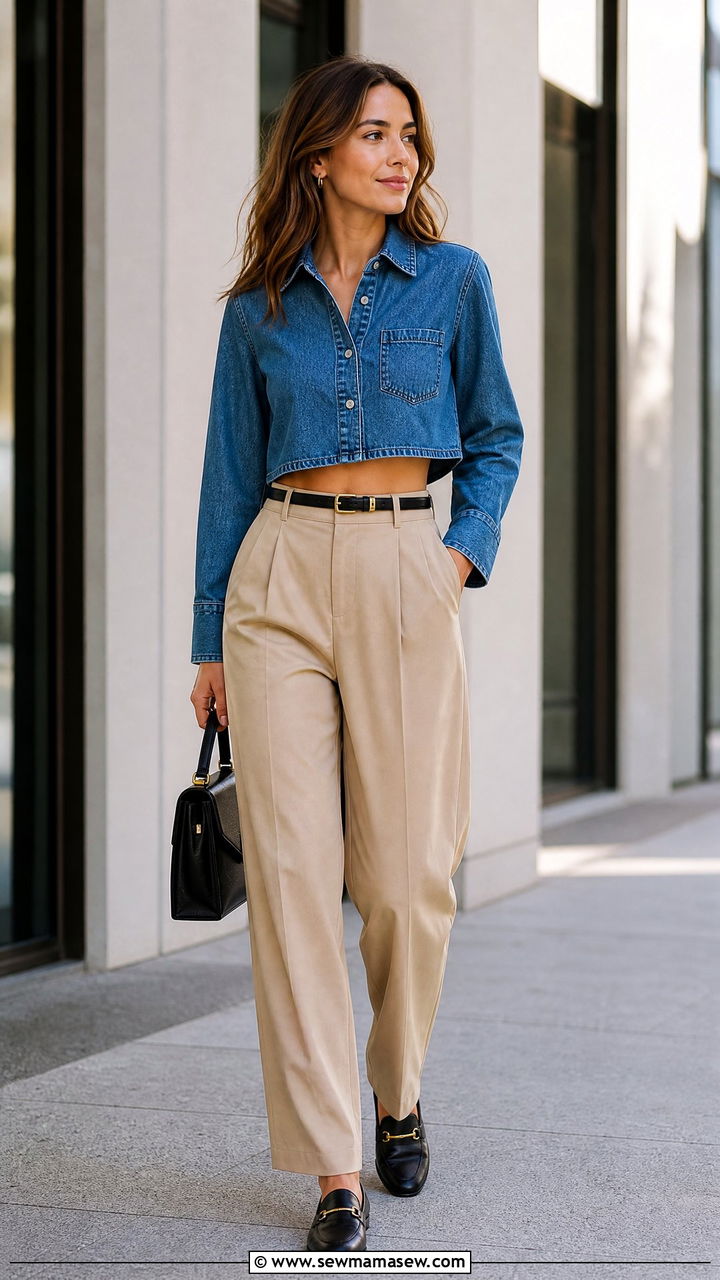Cropped Denim Shirt With High Waist Trousers - 20 denim top outfit ideas