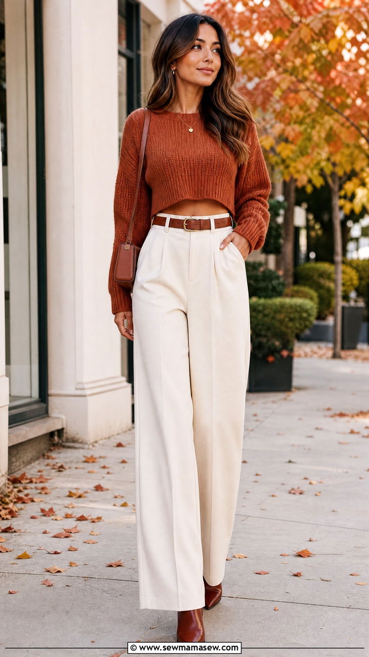 Cropped Fall Sweater With High Waisted Pants - 20 fall sweater outfit ideas