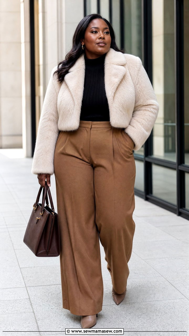 Cropped Faux Fur Coat With Wide Leg Pants - 20 plus size faux fur coat outfit ideas