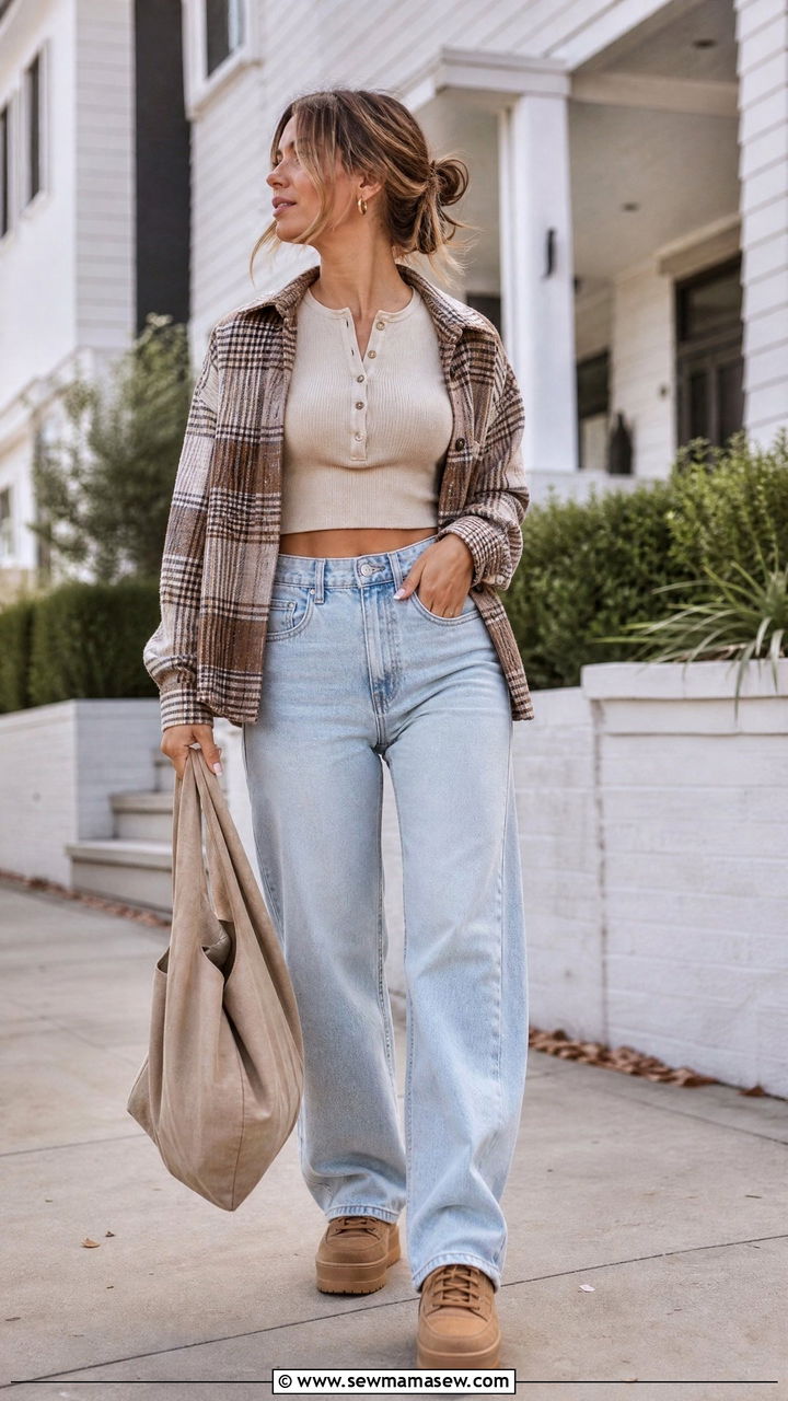 Cropped Henley With Relaxed Jeans - 20 cozy crop top outfits fall