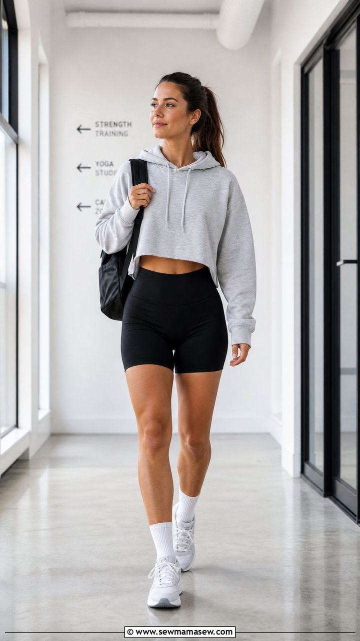 Cropped Hoodie And Bike Shorts - 20 crop top gym outfit ideas