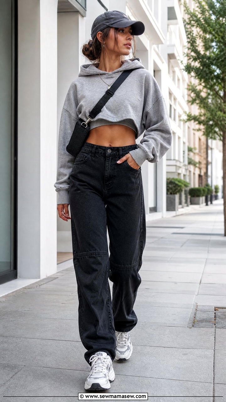Cropped Hoodie With Biker Jeans Outfit - 20 crop top with biker jeans outfit ideas