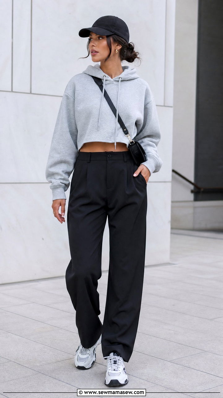 Cropped Hoodie With Black Trousers - 20 crop top with black trousers outfit ideas
