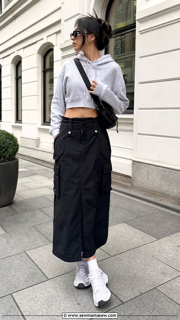 Cropped Hoodie With Cargo Maxi Skirt - 20 crop top with cargo maxi skirt outfit ideas