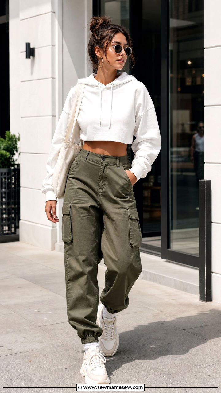 Cropped Hoodie With Cargo Pants - 20 cropped hoodie outfit ideas