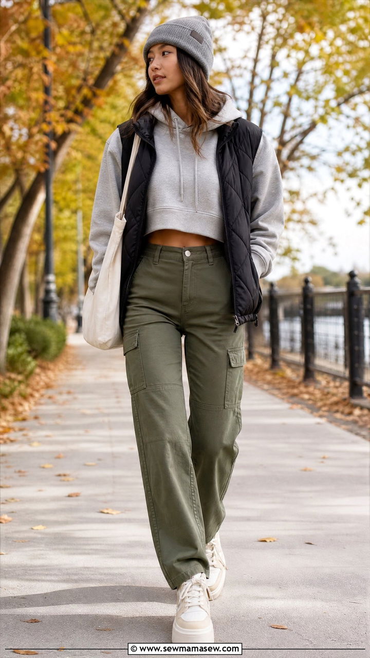 Cropped Hoodie With Cargo Pants - 20 cozy crop top outfits fall