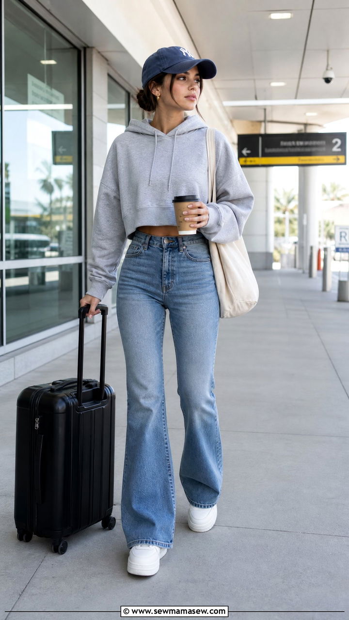 Cropped Hoodie With Denim Flares - 20 crop top with denim flares outfit ideas