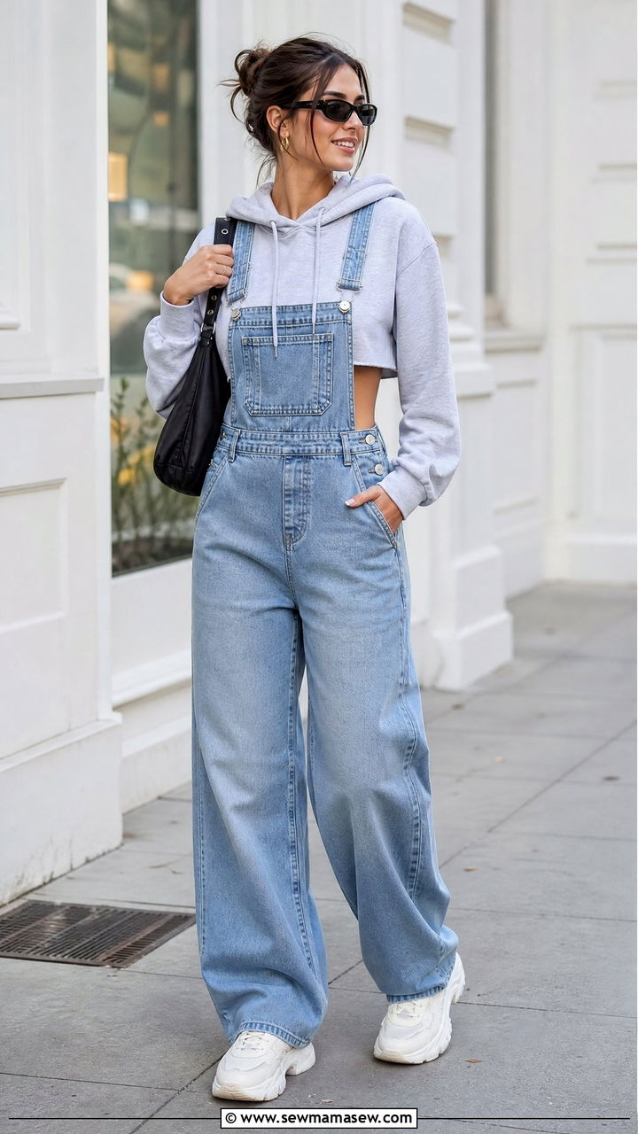 Cropped Hoodie With Denim Overalls And Chunky Sneakers - 20 crop top with denim overalls outfit ideas