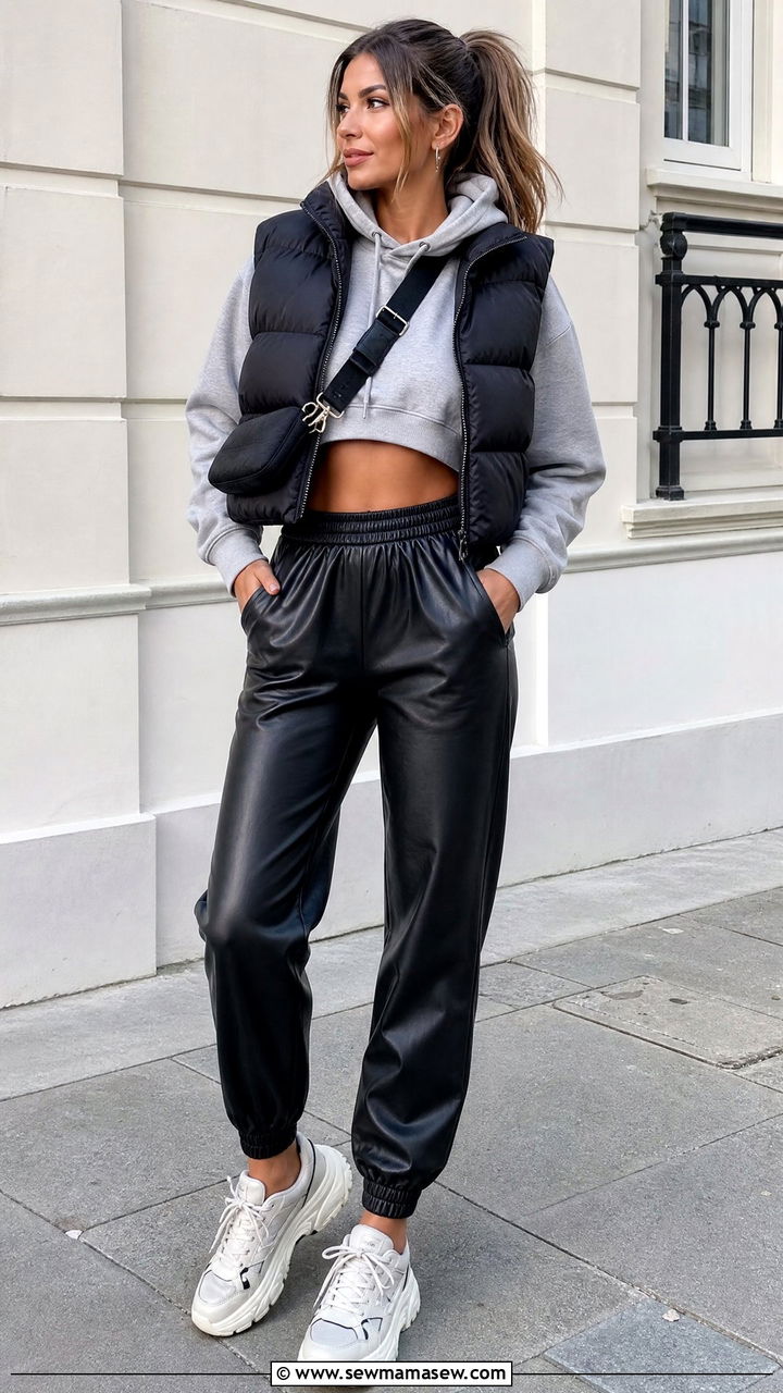 Cropped Hoodie With Faux Leather Pants - 20 crop top with faux leather pants outfit ideas