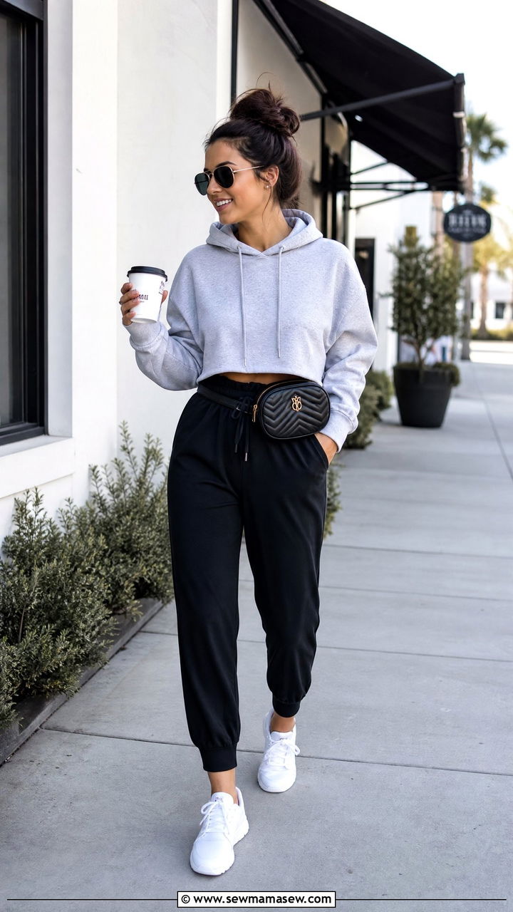 Cropped Hoodie With Paperbag Waist Jogger Pants - 20 crop top with paperbag waist pants outfit ideas