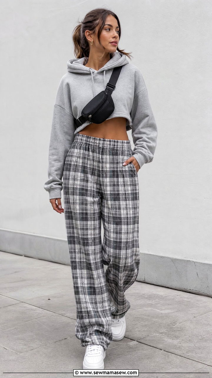 Cropped Hoodie With Plaid Pants Outfit - 20 crop top with plaid pants outfit ideas