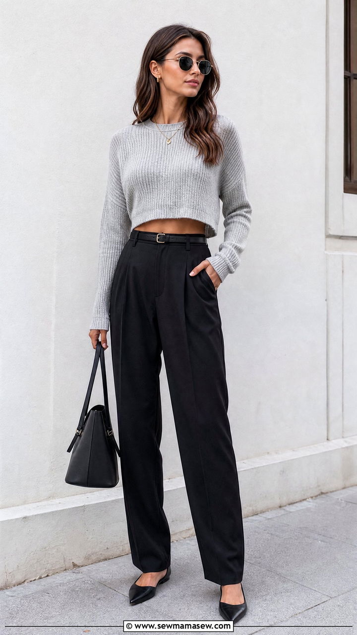 Cropped Knit Top With High Waisted Trousers - 20 knit top outfit ideas