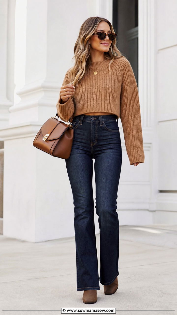 Cropped Sweater And High Waisted Jeans - 20 crop top and high waisted jeans outfit ideas