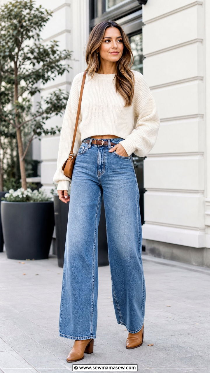 Cropped Sweater Outfit With High Waisted Jeans - 20 sweater outfit ideas
