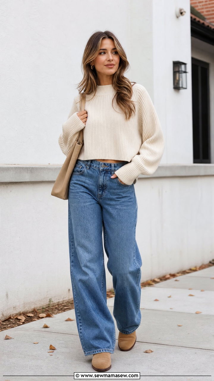 Cropped Sweater With Baggy Jeans - 20 crop top with baggy jeans outfit ideas