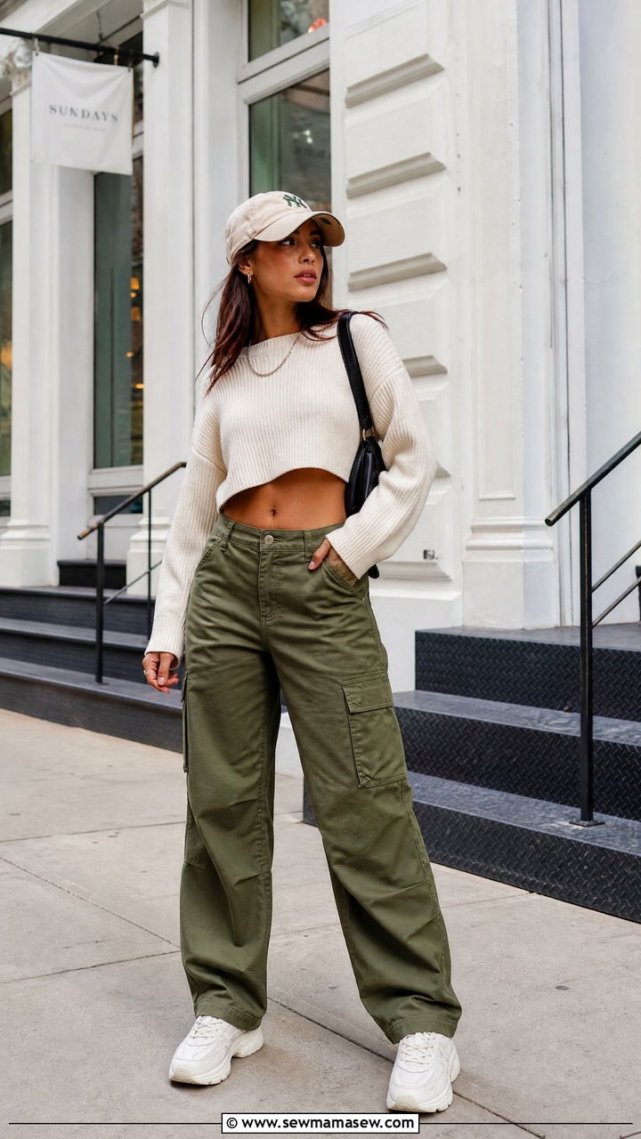 Cropped Sweater With Cargo Pants - 20 cropped sweater outfit ideas