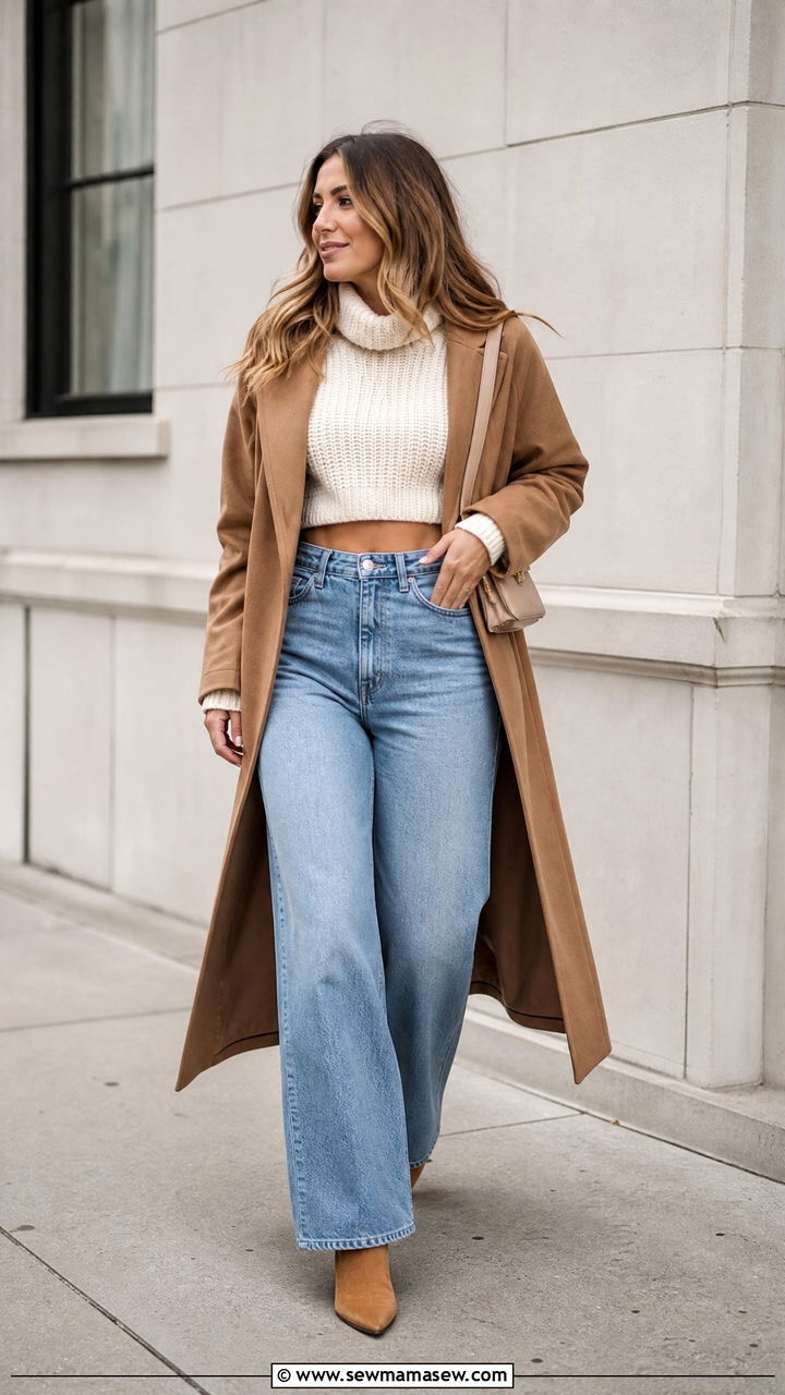 Cropped Sweater With High Waisted Jeans - 20 cozy sweater outfit ideas