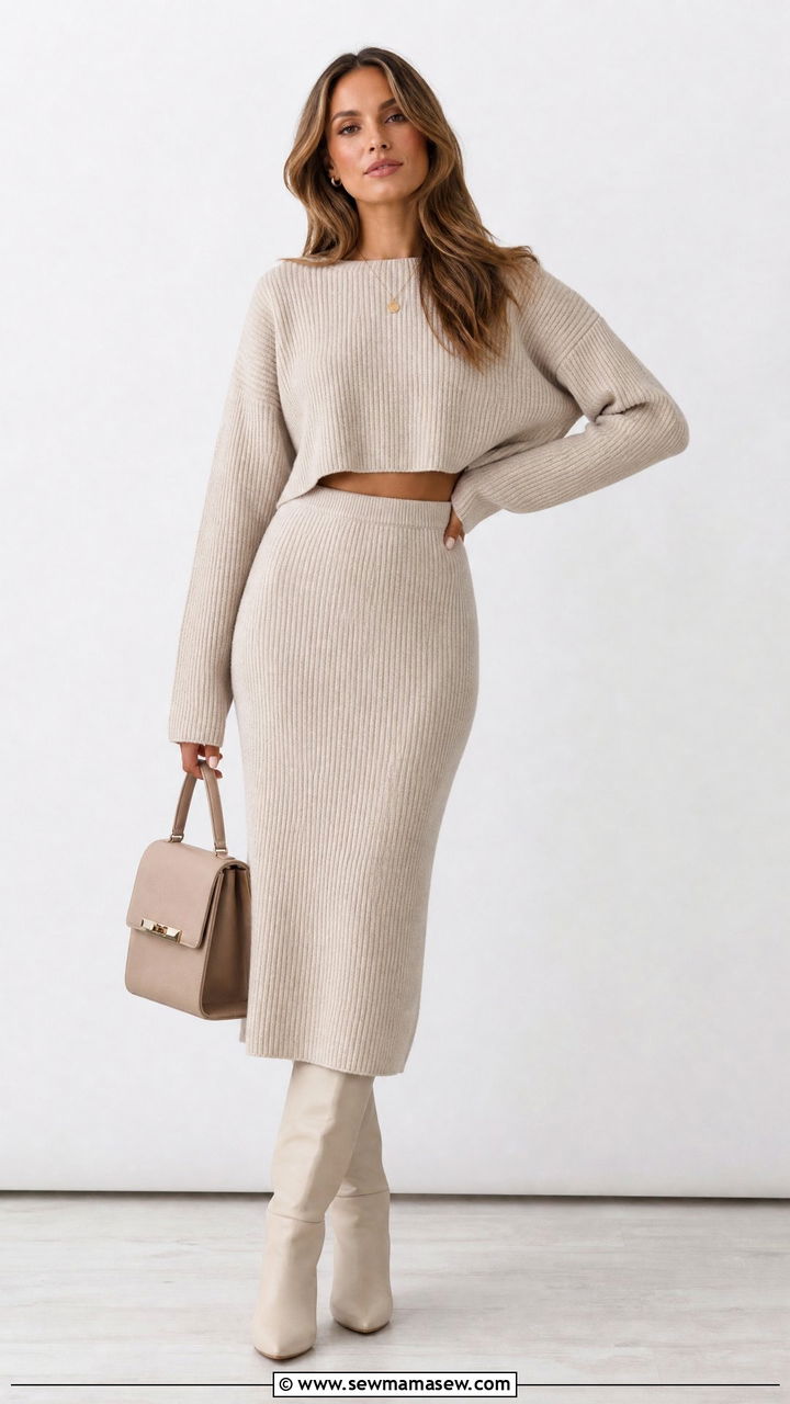 Cropped Sweater With Matching Knit Skirt - 20 cropped sweater outfit ideas