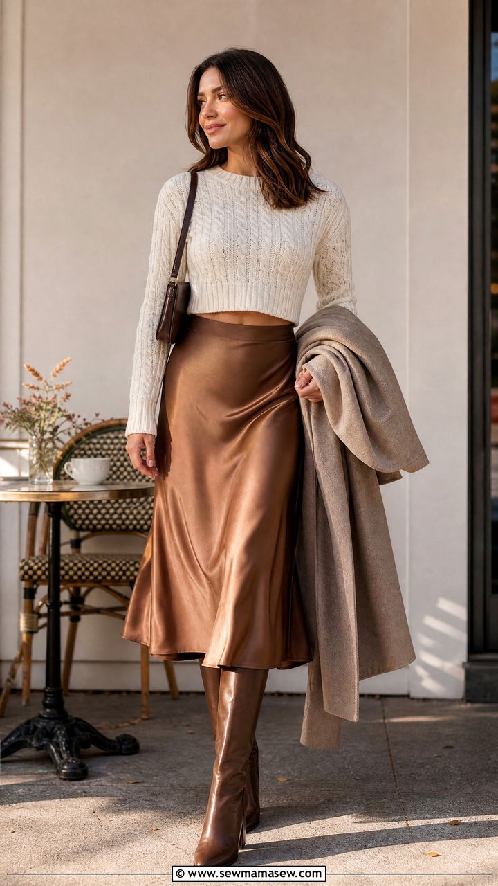 Cropped Sweater With Midi Skirt - 20 cozy crop top outfits fall