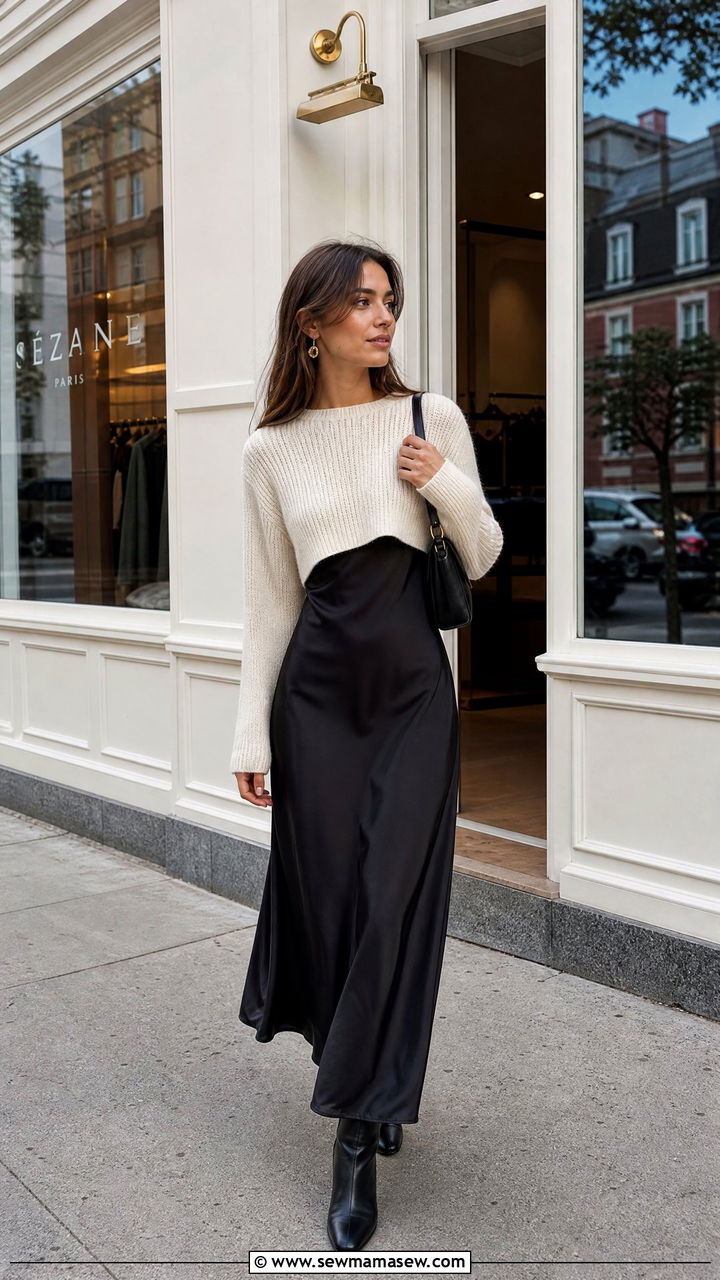 Cropped Sweater With Slip Dress - 20 cropped sweater outfit ideas
