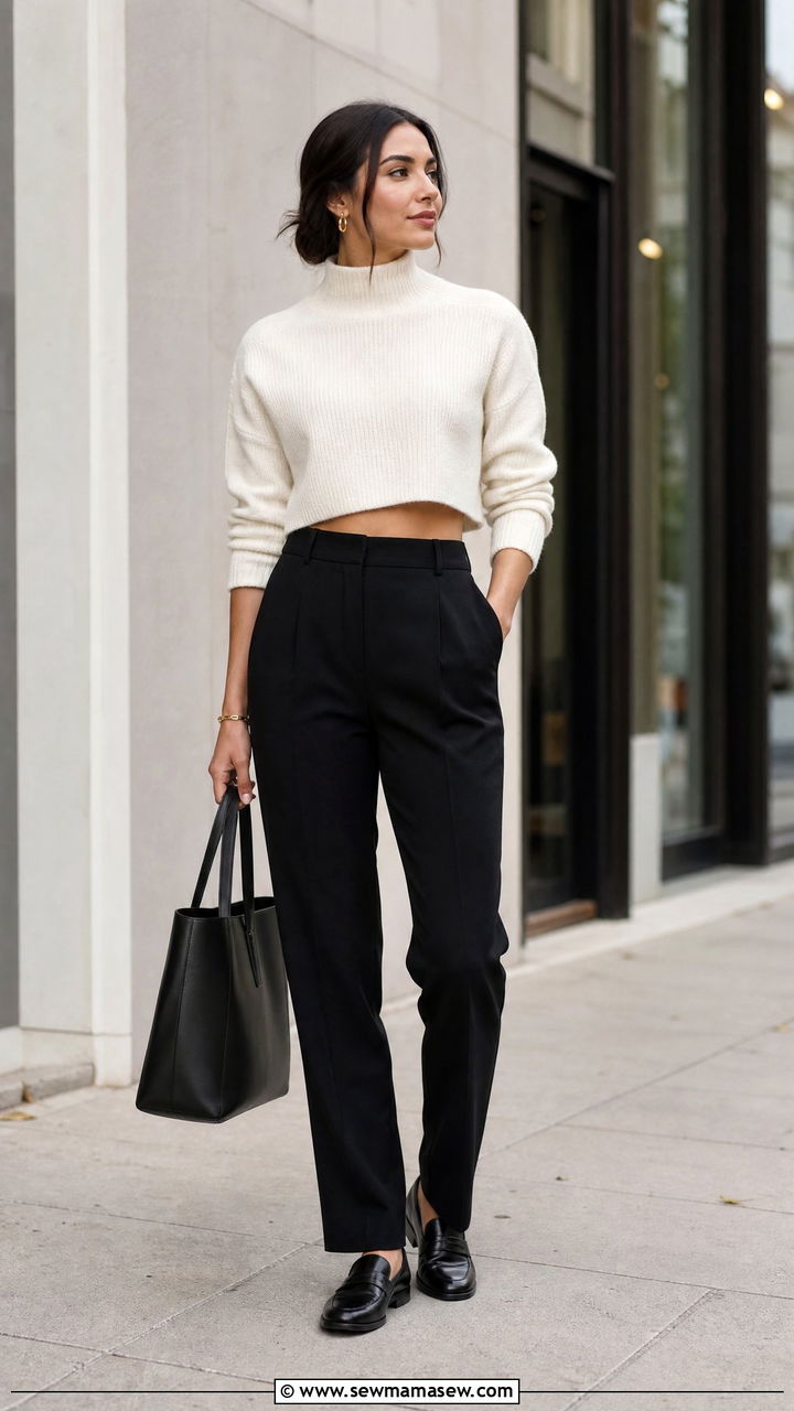 Cropped Sweater With Tailored Trousers - 20 cropped sweater outfit ideas