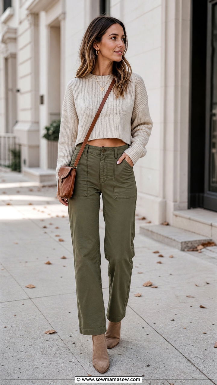 Cropped Sweater With Utility Pants - 20 crop top with utility pants outfit ideas