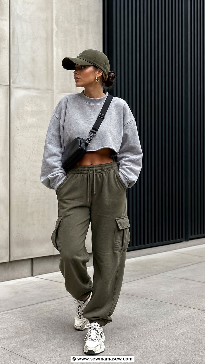 Cropped Sweatshirt And Cargo Sweatpants Outfit - 20 crop top and sweatpants outfit ideas