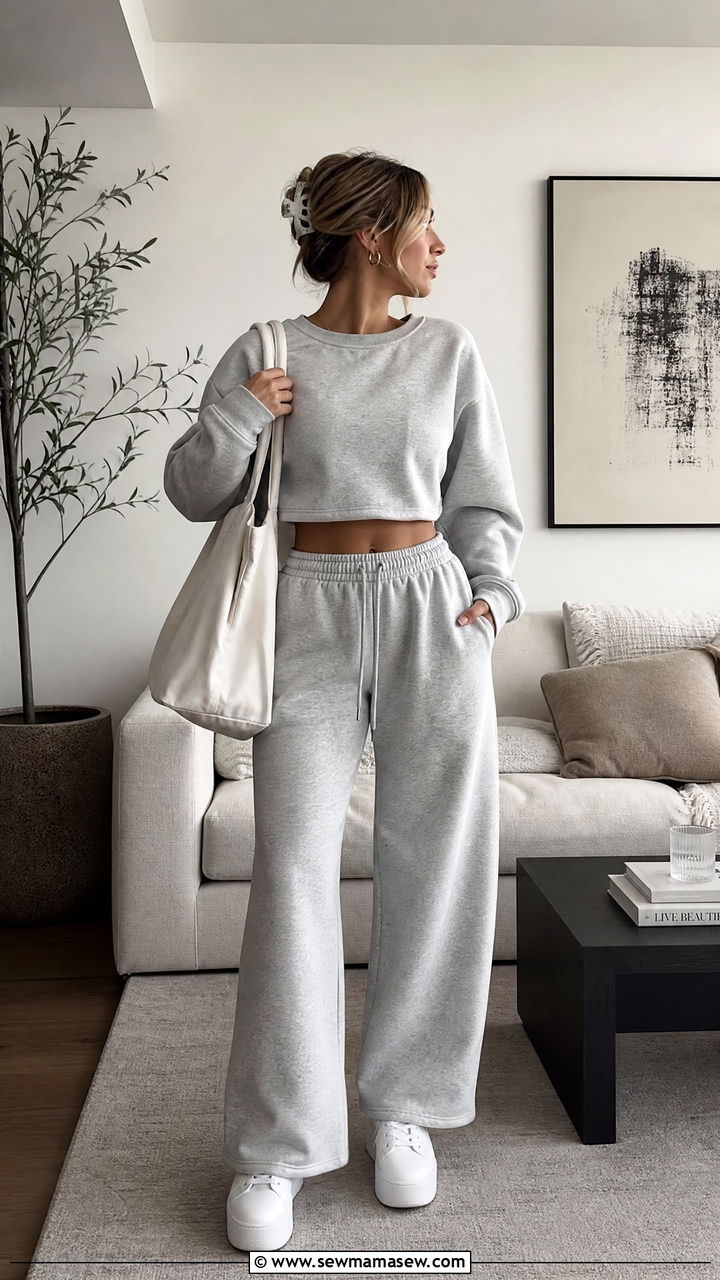 Cropped Sweatshirt And Wide Leg Joggers Outfit - 20 crop top and joggers outfit ideas