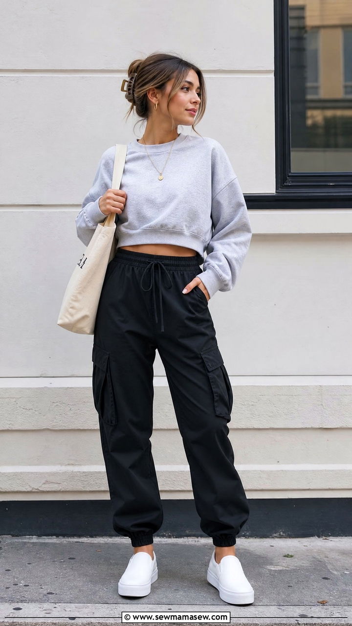 Cropped Sweatshirt With Baggy Cargo Pants - 20 crop top with baggy cargo pants outfit ideas