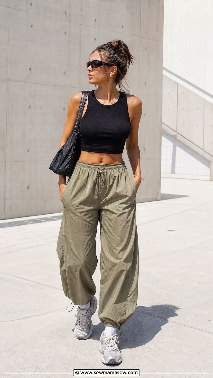 Cropped Tank And Parachute Joggers Outfit - 20 crop top and joggers outfit ideas