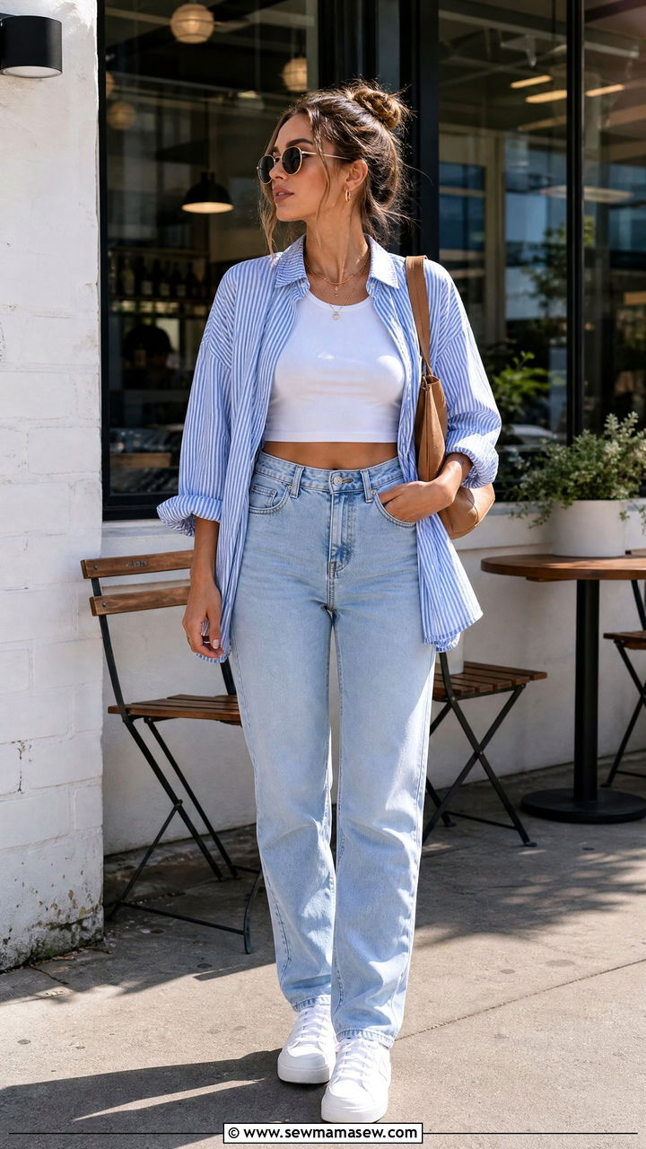 Cropped Tank Top With Button Down Shirt - 20 cropped tank top outfit ideas