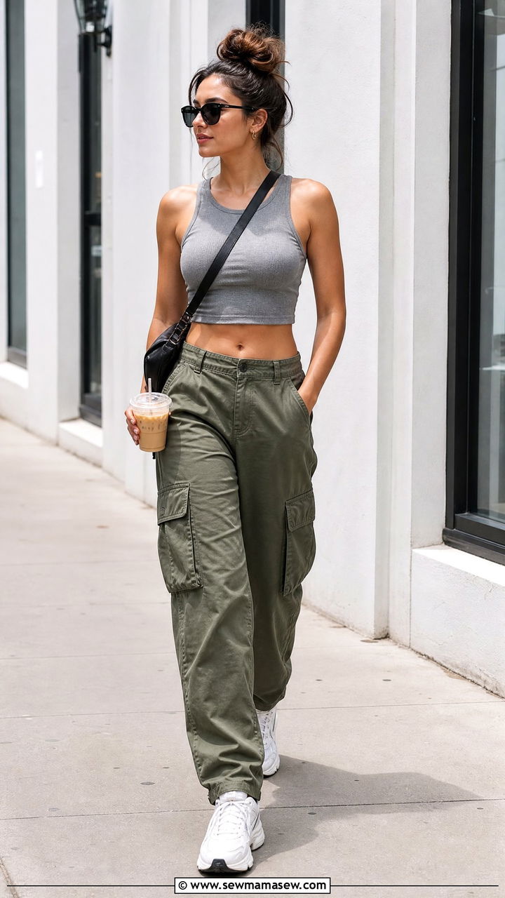 Cropped Tank Top With Cargo Pants - 20 cropped tank top outfit ideas